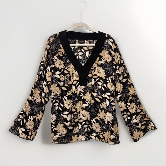 Lane Bryant Boho V-Neck Silk Sleeve Dark Floral Print  18 /20 Blouse Top Shirt - Picture 1 of 4